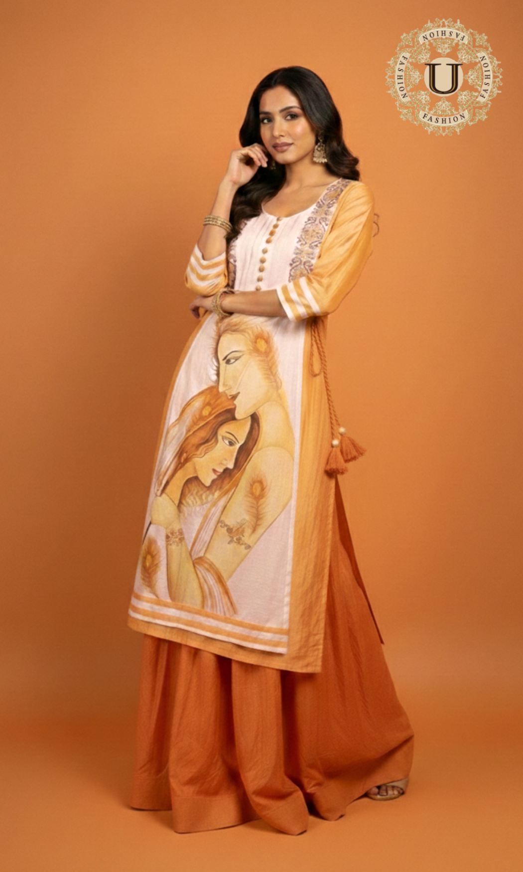 Orange Radha Hand Painted Semi Silk Kurti with Skirt