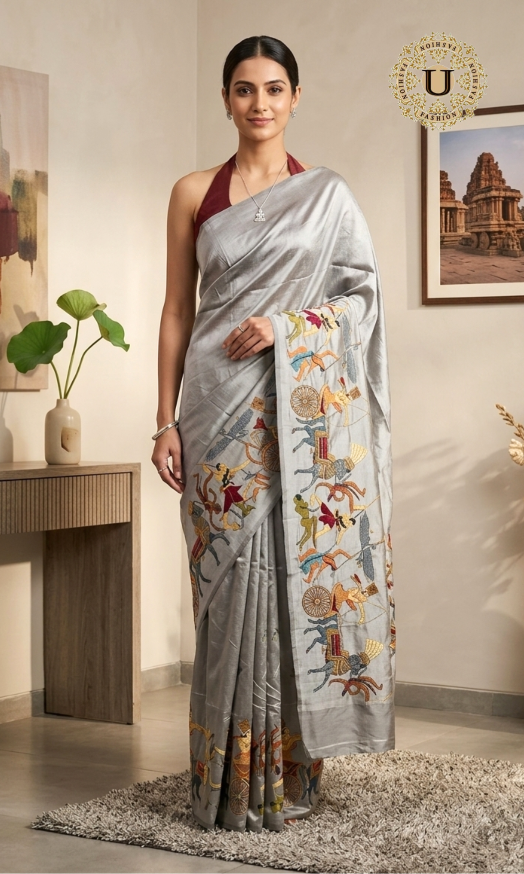 Gray Egyptian Art Embroidered Silk Saree