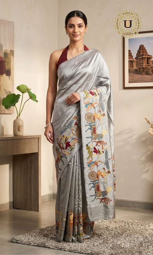 Gray Egyptian Art Embroidered Silk Saree