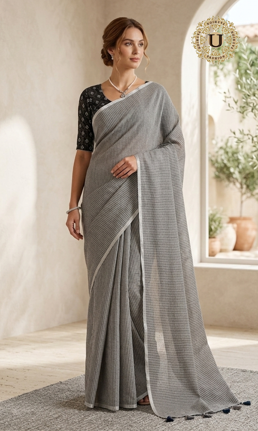 Grey Mul Cotton Saree with Silver Stripes