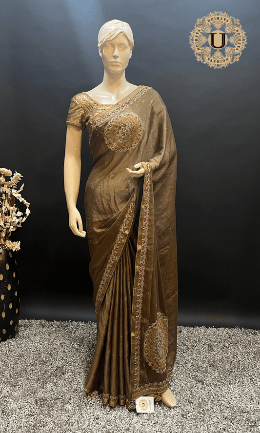 Antique Gold Tissue Georgette Saree U fashion