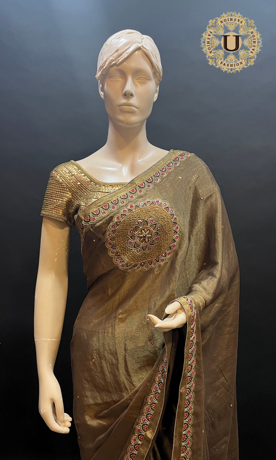 Antique Gold Tissue Georgette Saree