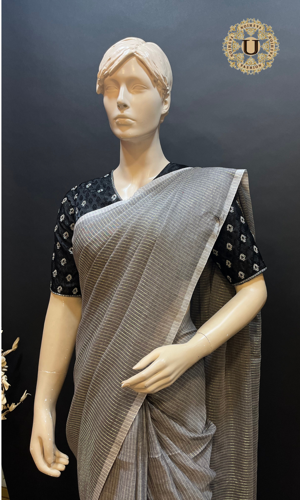 Grey Mul Cotton Saree with Silver Stripes