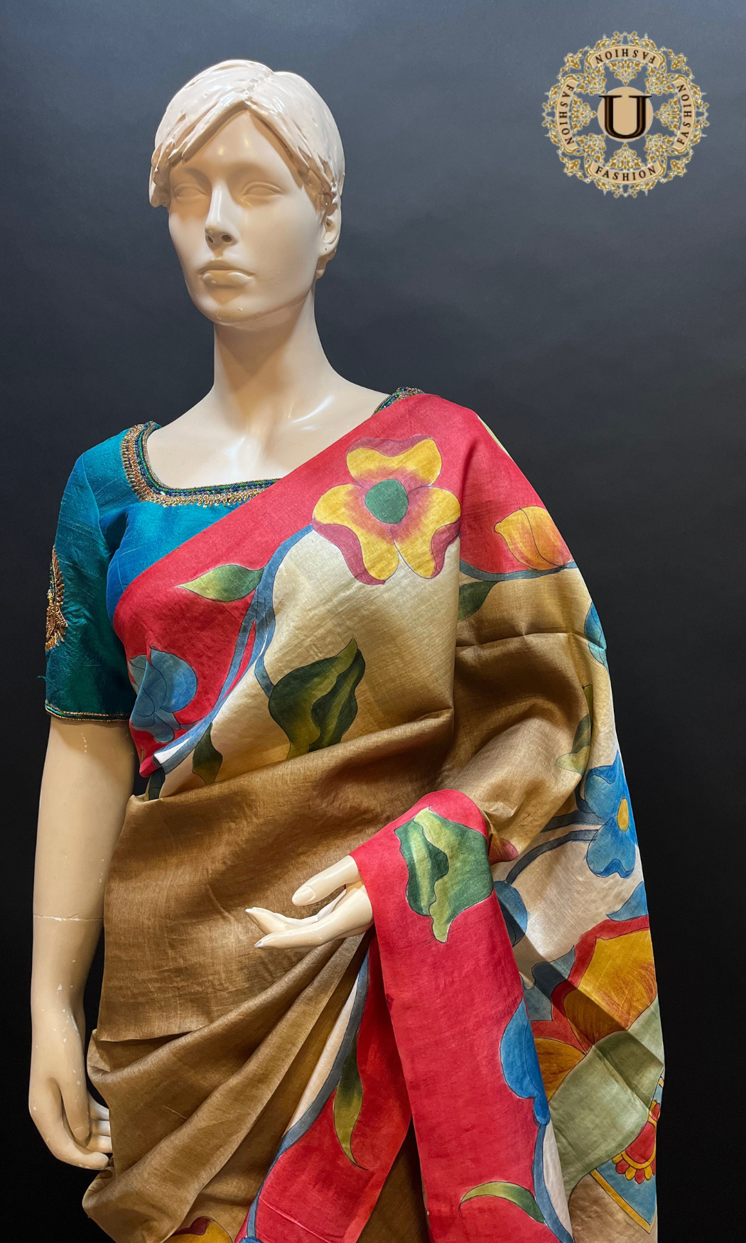 Dark Gold Floral Printed Tussar Silk Saree