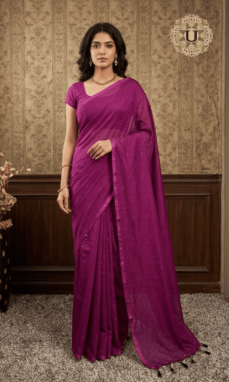 Wine Sequence Mul Cotton Saree U fashion