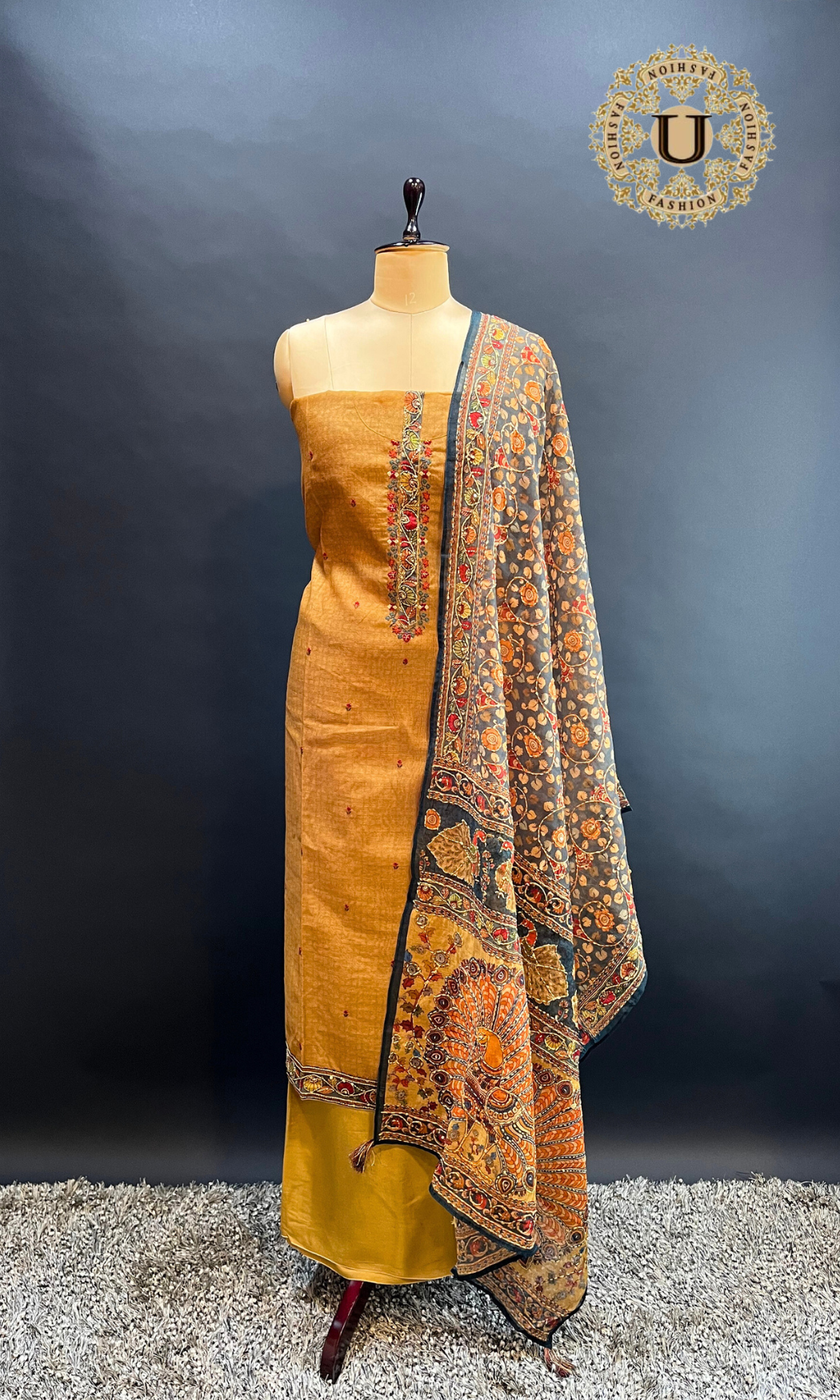Mustard Kanta work Un-stitched Suit