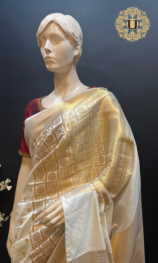 Cream Gold zari Woven Spun Silk Saree