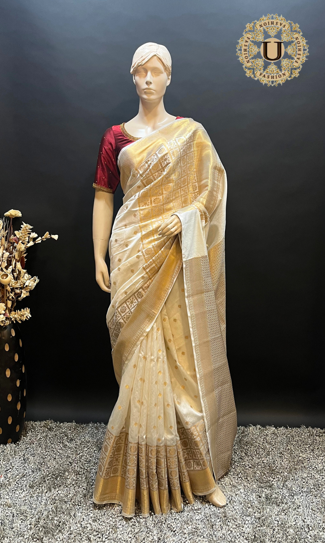 Cream Gold zari Woven Spun Silk Saree