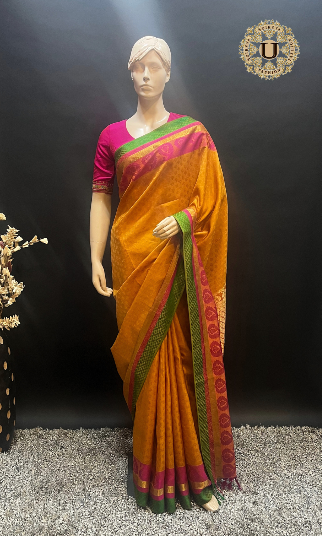 Mustard Orange Jacquard Silk Saree with Contrast Green & Pink Border