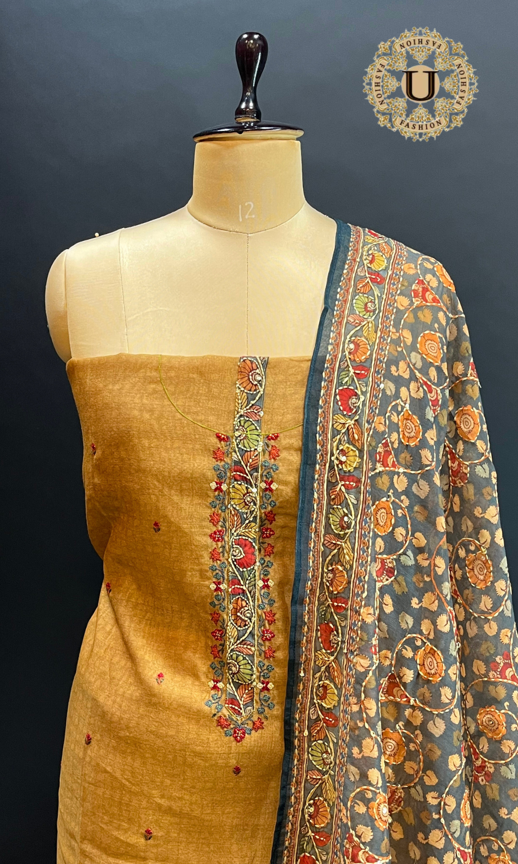 Mustard Kanta work Un-stitched Suit