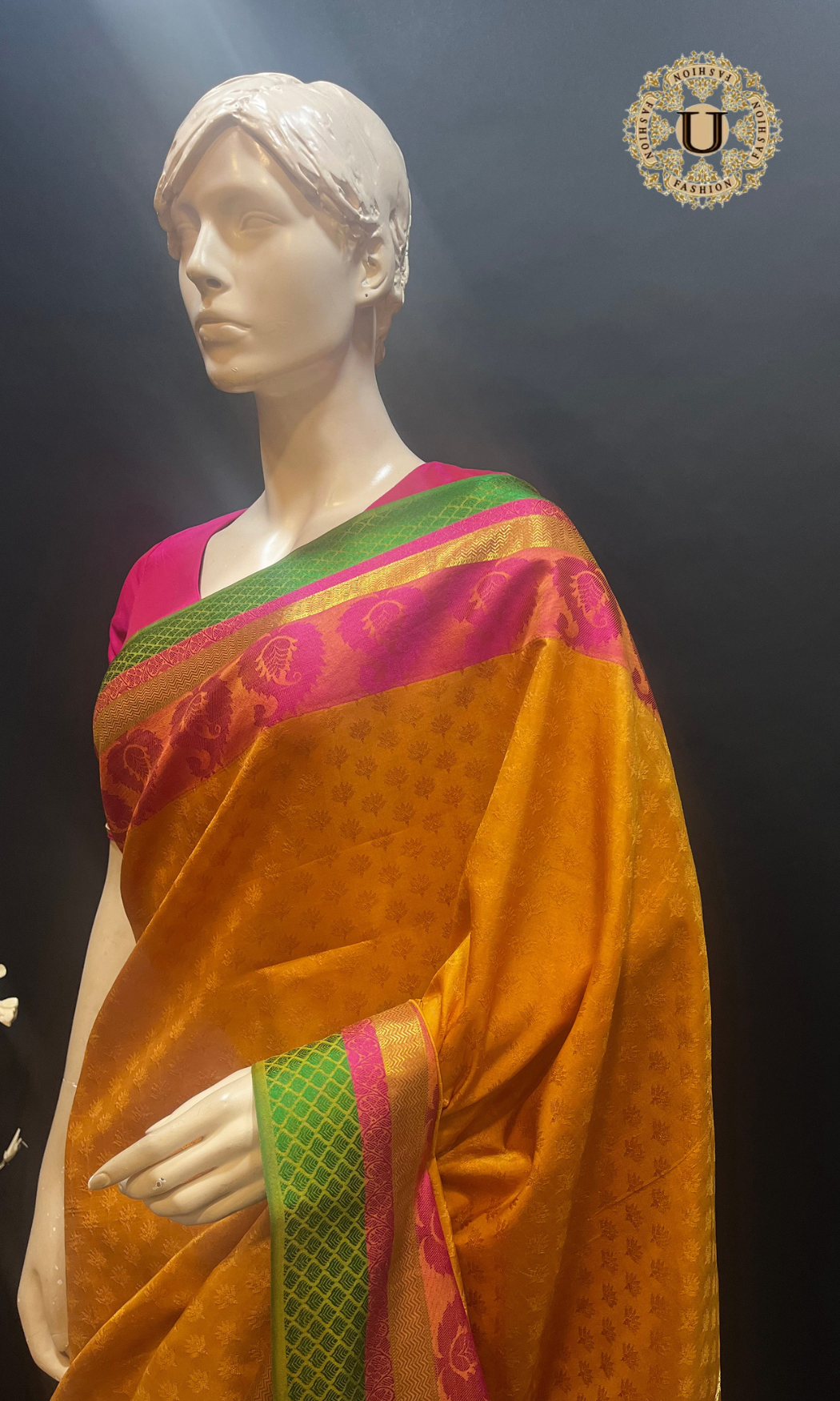 Mustard Orange Jacquard Silk Saree with Contrast Green & Pink Border