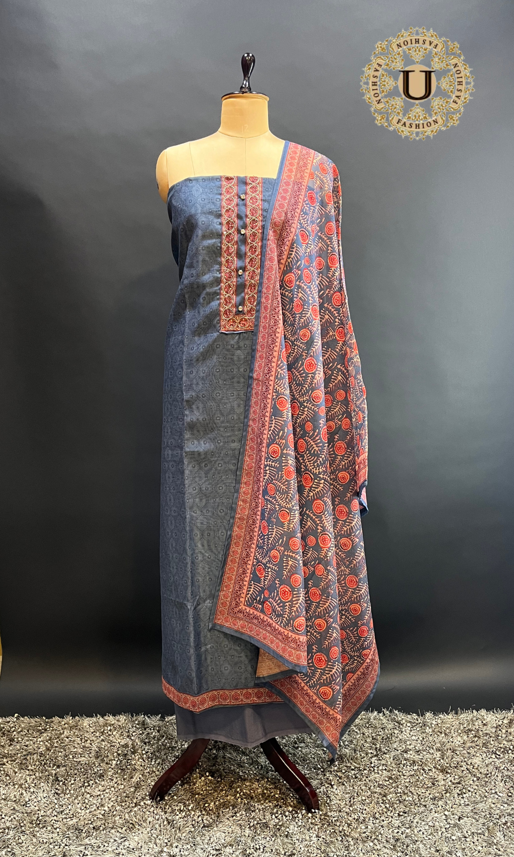 Grey Embroidered Chanderi Un Stitched Suit