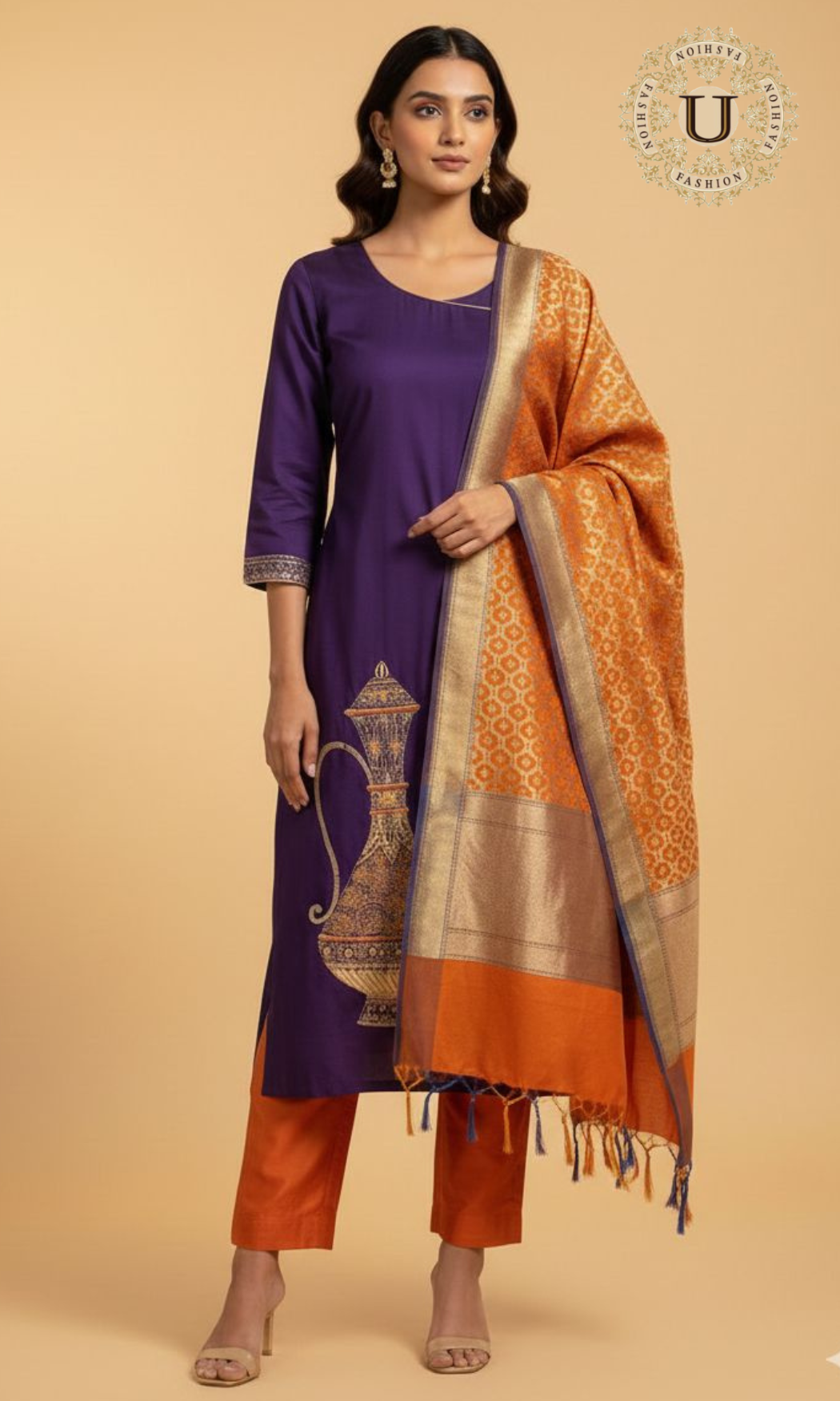 Purple Pure Silk Zari Emroidered Kurti Set