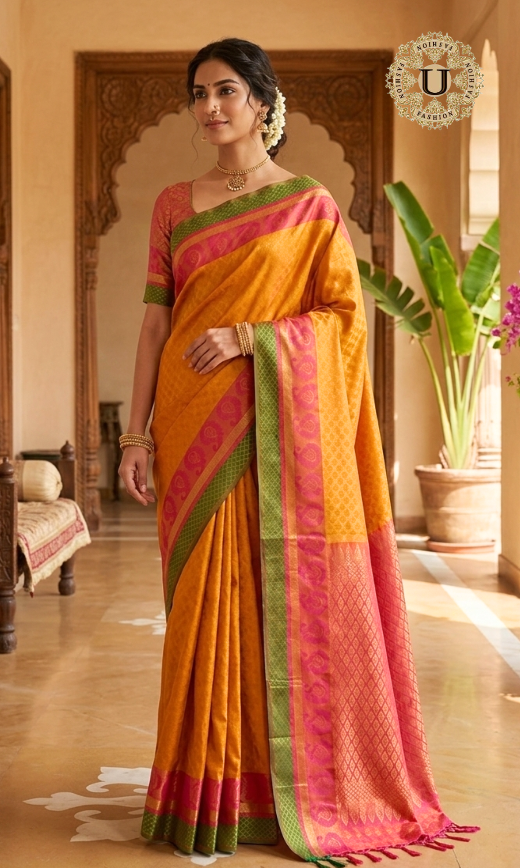 Mustard Orange Jacquard Silk Saree with Contrast Green & Pink Border