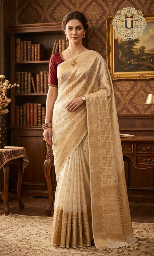 Cream Gold zari Woven Spun Silk Saree