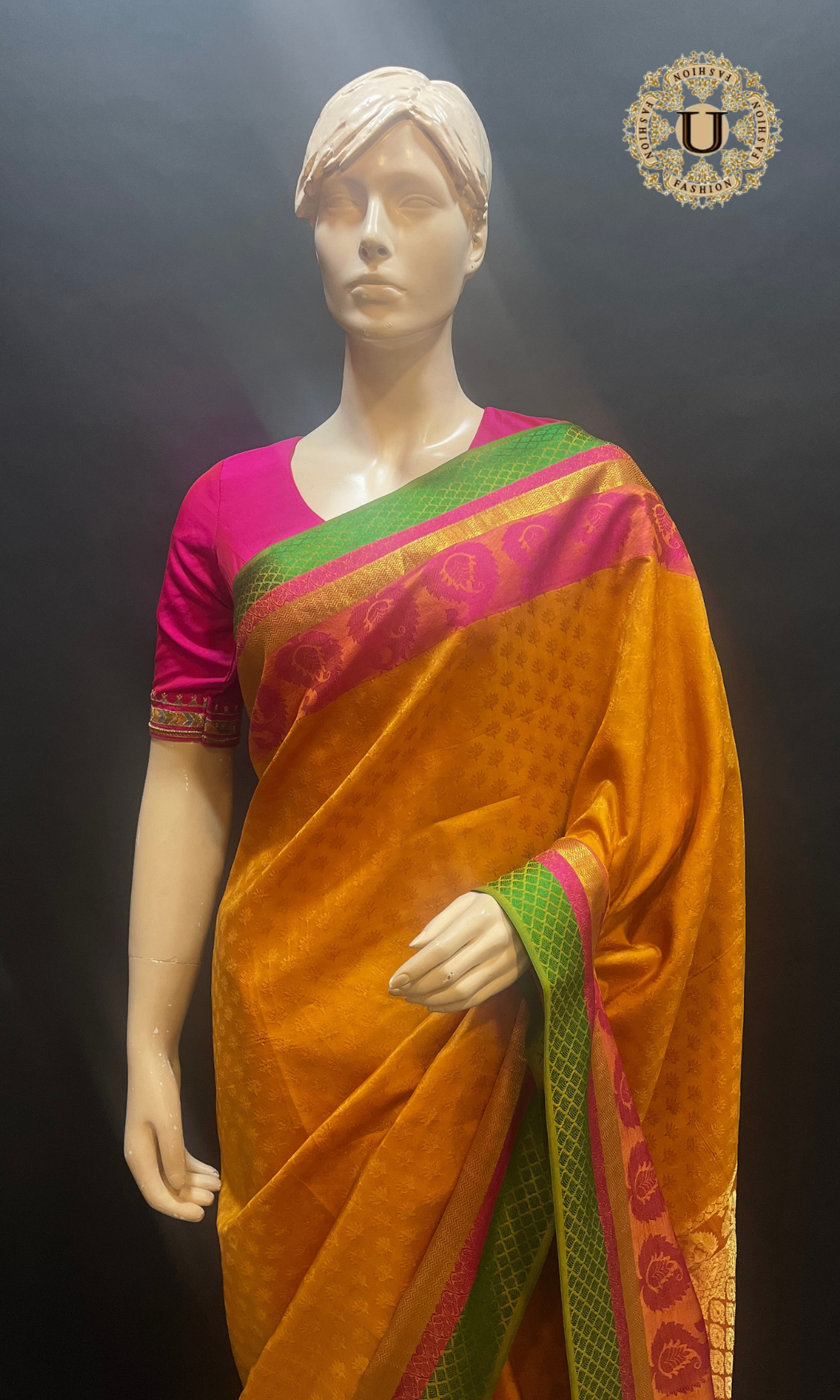 Mustard Orange Jacquard Silk Saree with Contrast Green & Pink Border
