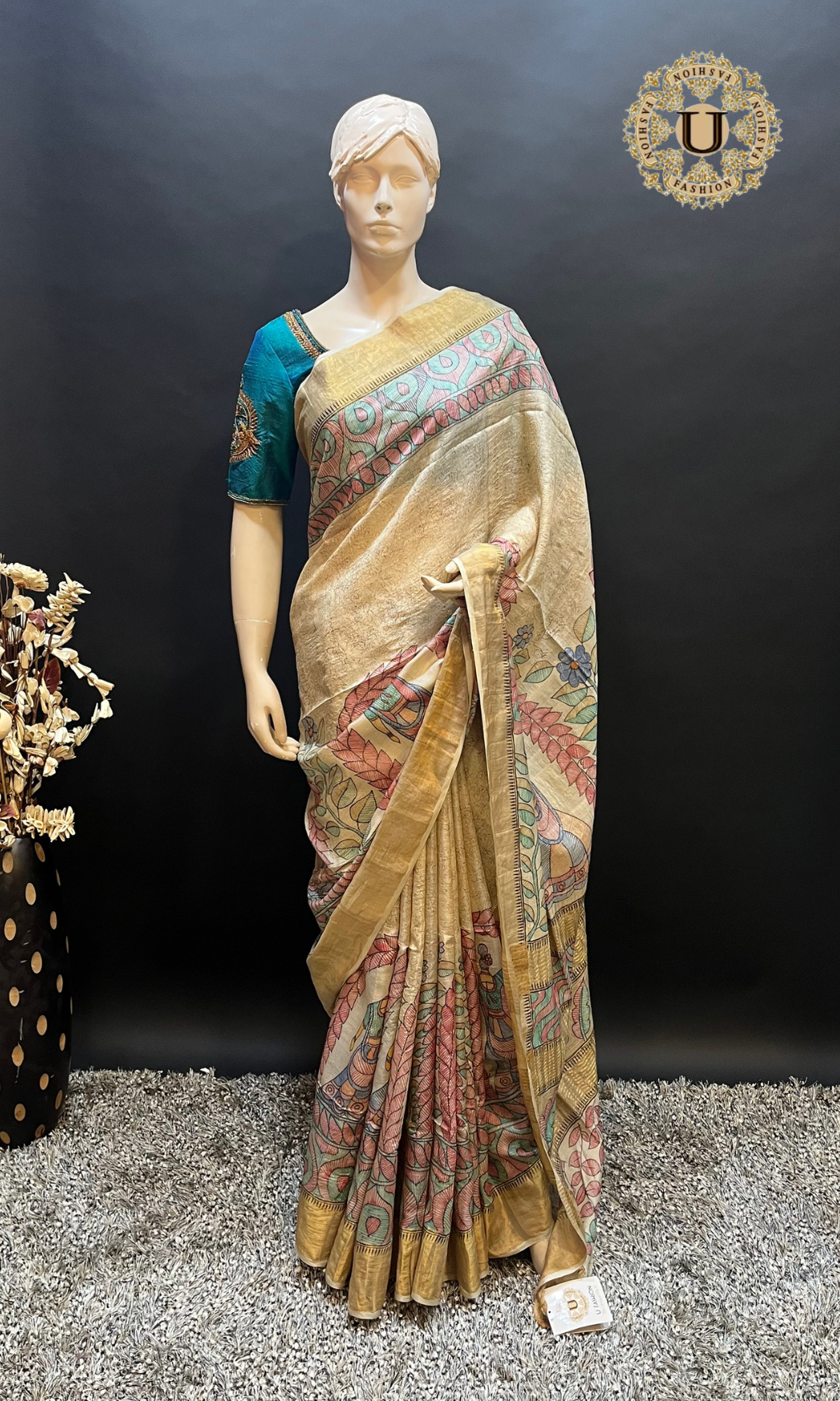Cream Hand Painted Madhubani Tussar Silk Saree