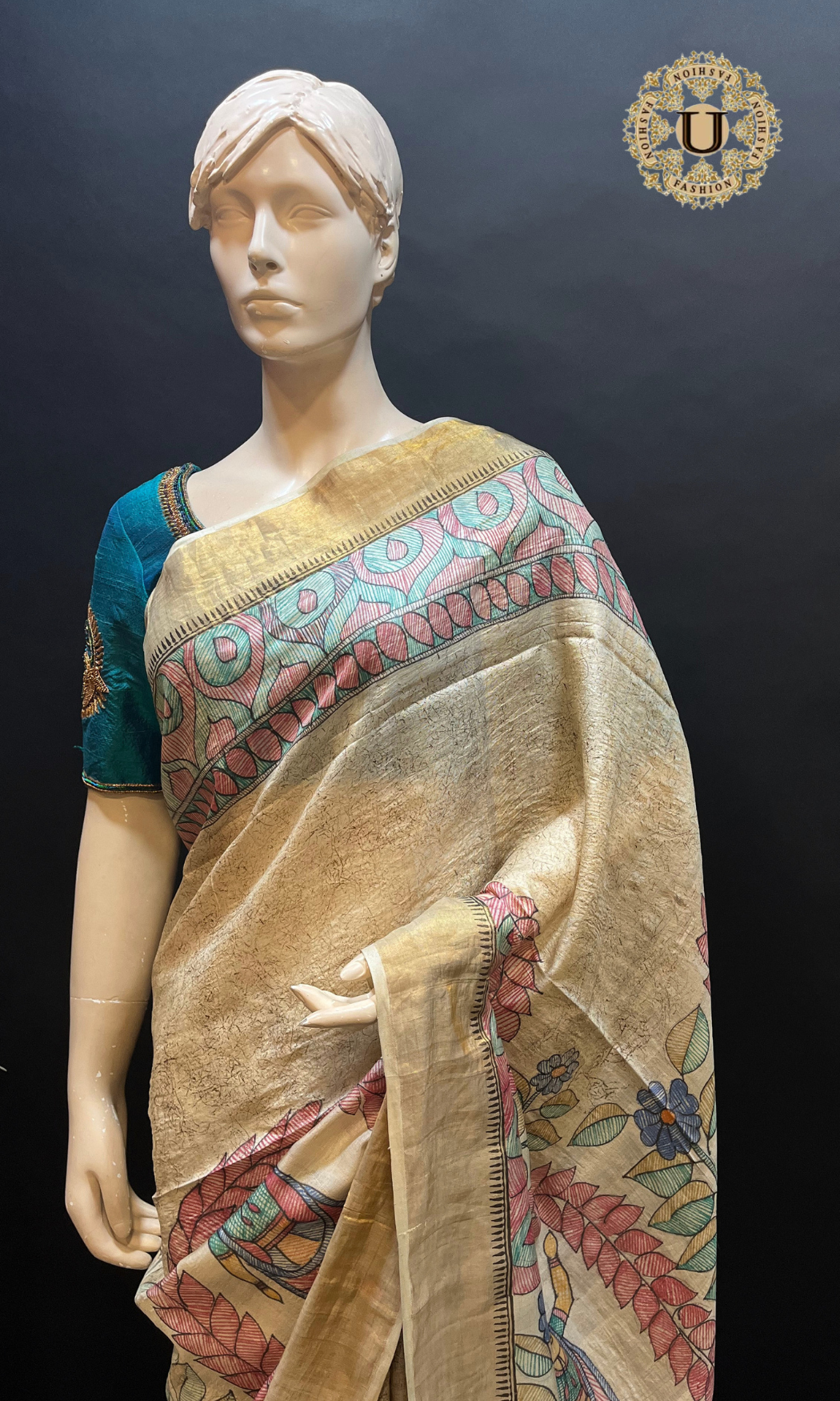 Cream Hand Painted Madhubani Tussar Silk Saree