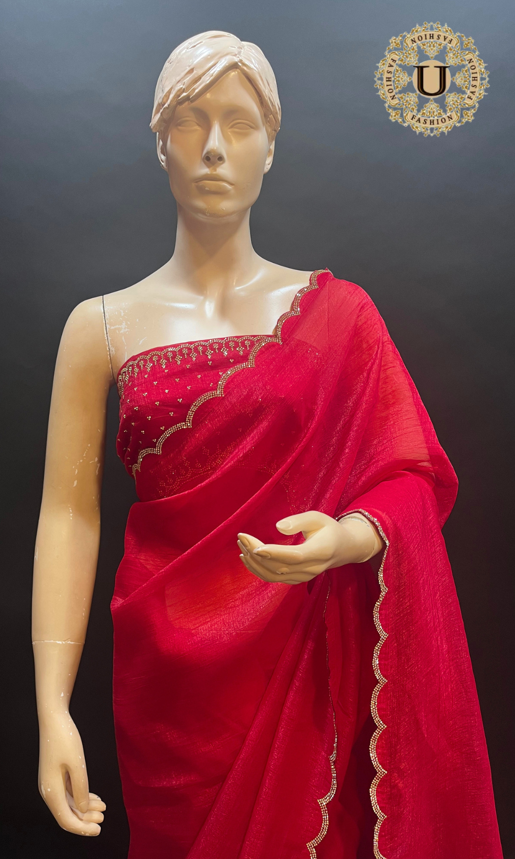 Red mix crape scallop Fancy Saree