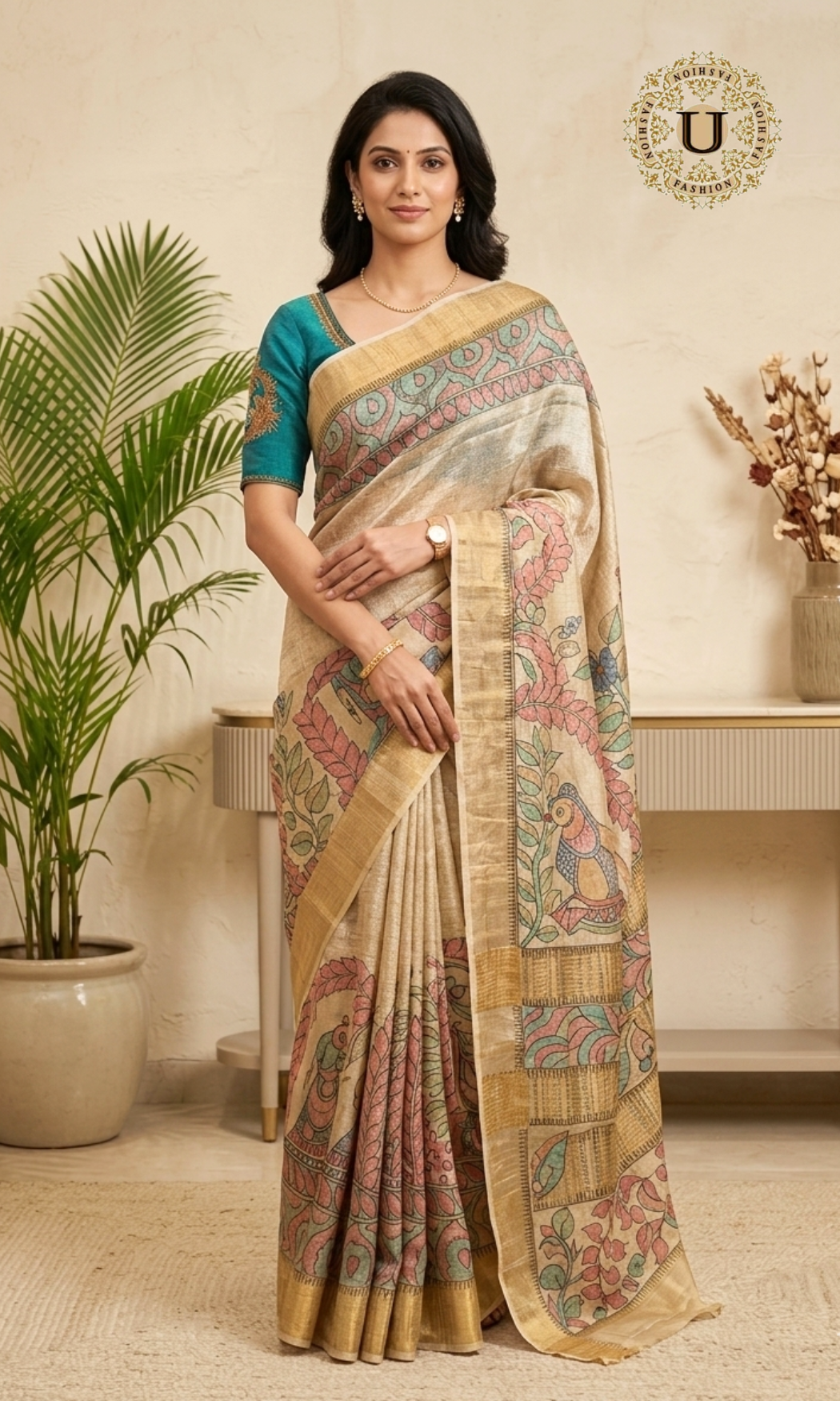 Cream Hand Painted Madhubani Tussar Silk Saree