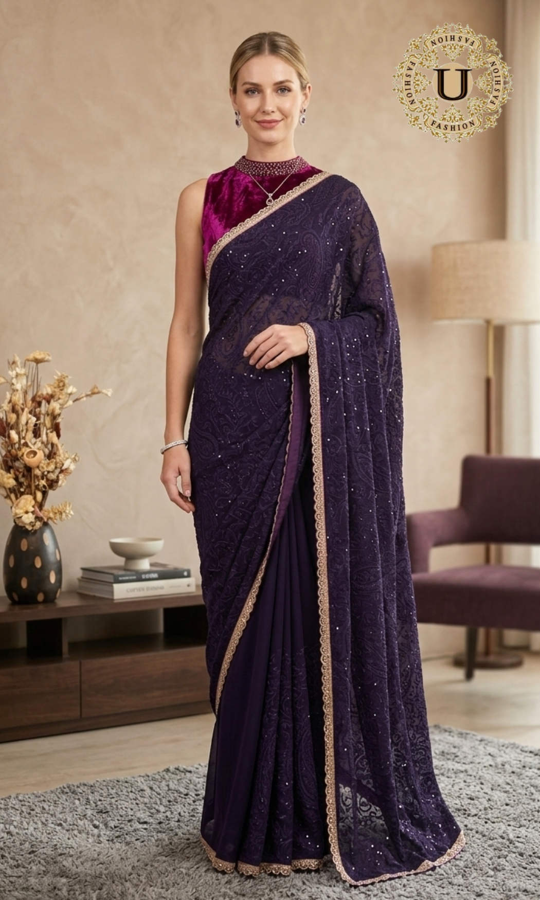 Dark Purple Embroidered Fancy Saree
