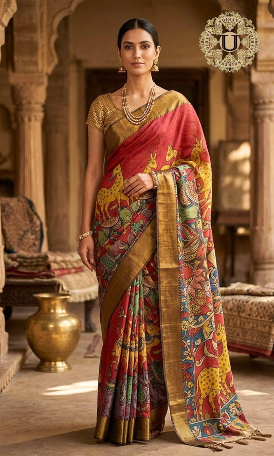 Red pen Kalamkari Gold Border Silk Saree