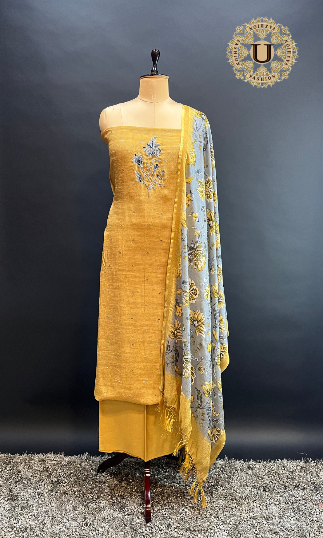 Musturd Yellow Soft Matka Silk Thread Work Yoke With Printed Dupatta