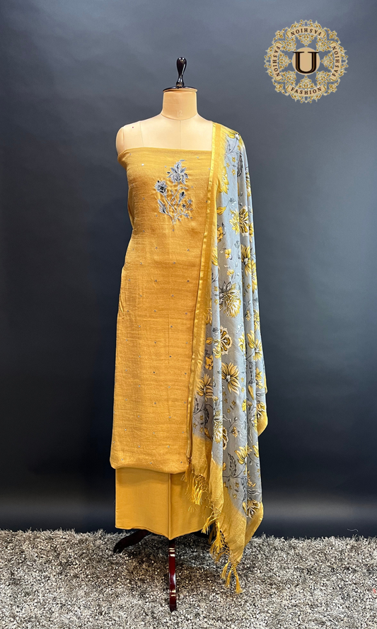 Musturd Yellow Soft Matka Silk Thread Work Yoke With Printed Dupatta