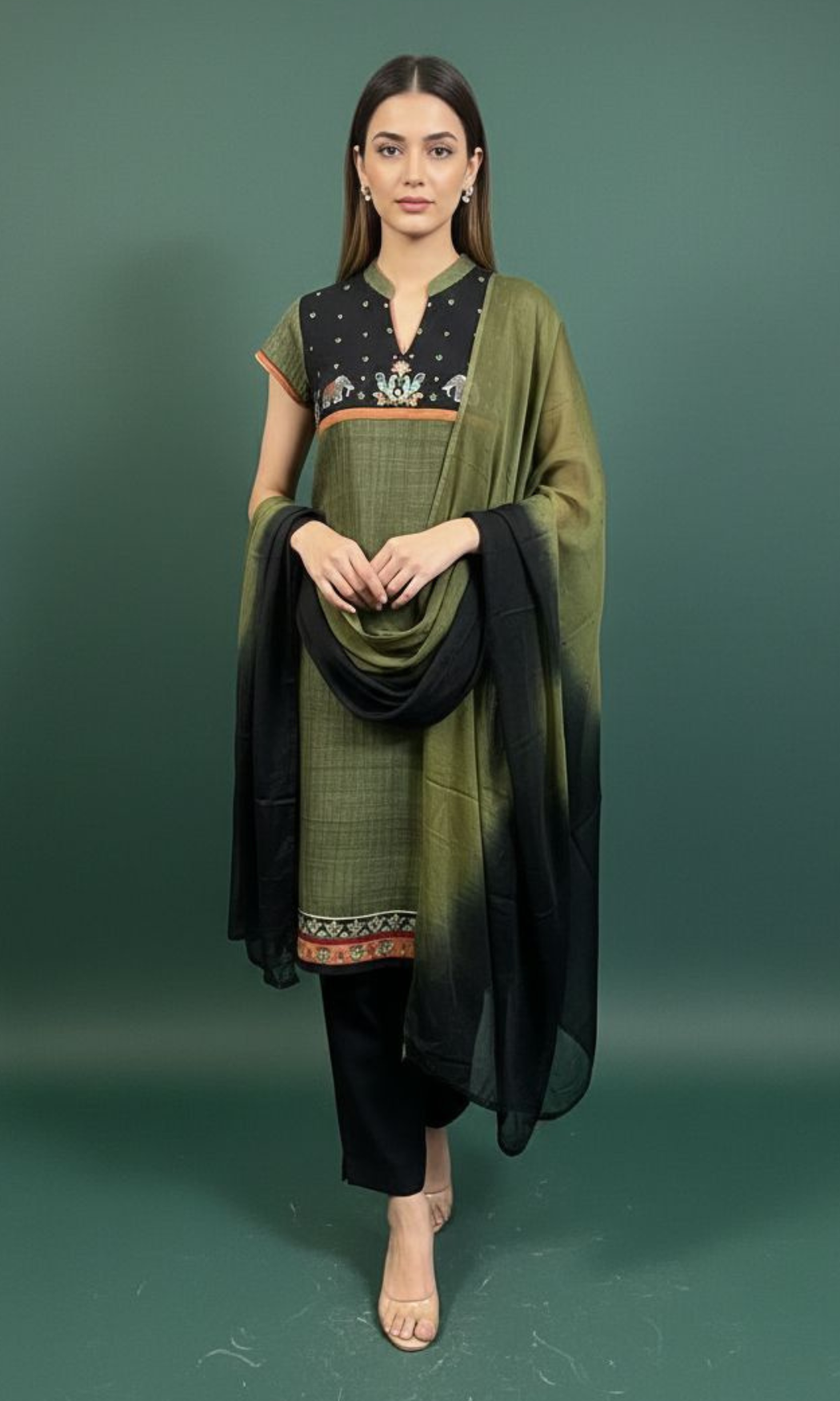 Mehendi Green Matka Silk Churidar Suit with Peacock & Elephant Hand Embroidery