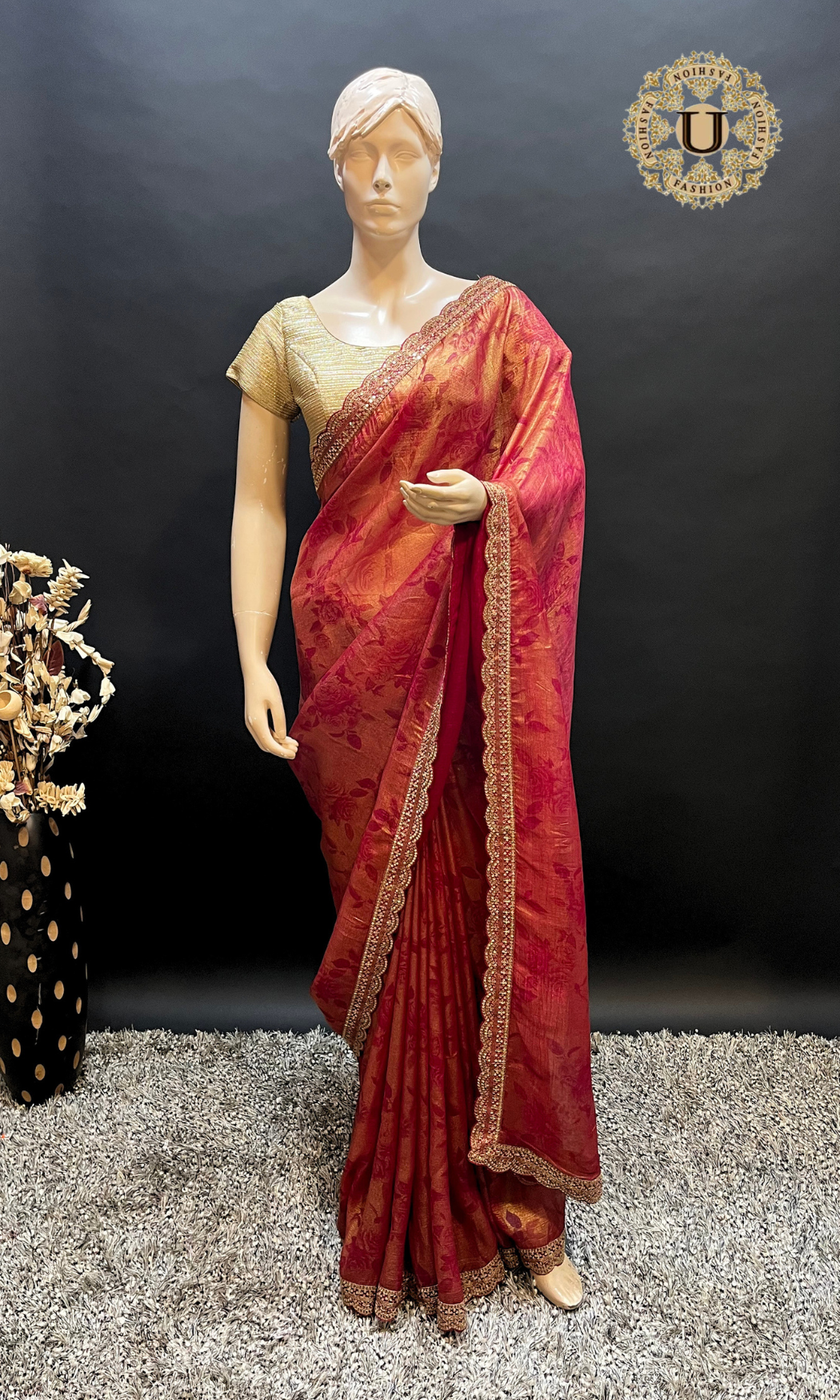 Red Saree with Gold Shimmer Border
