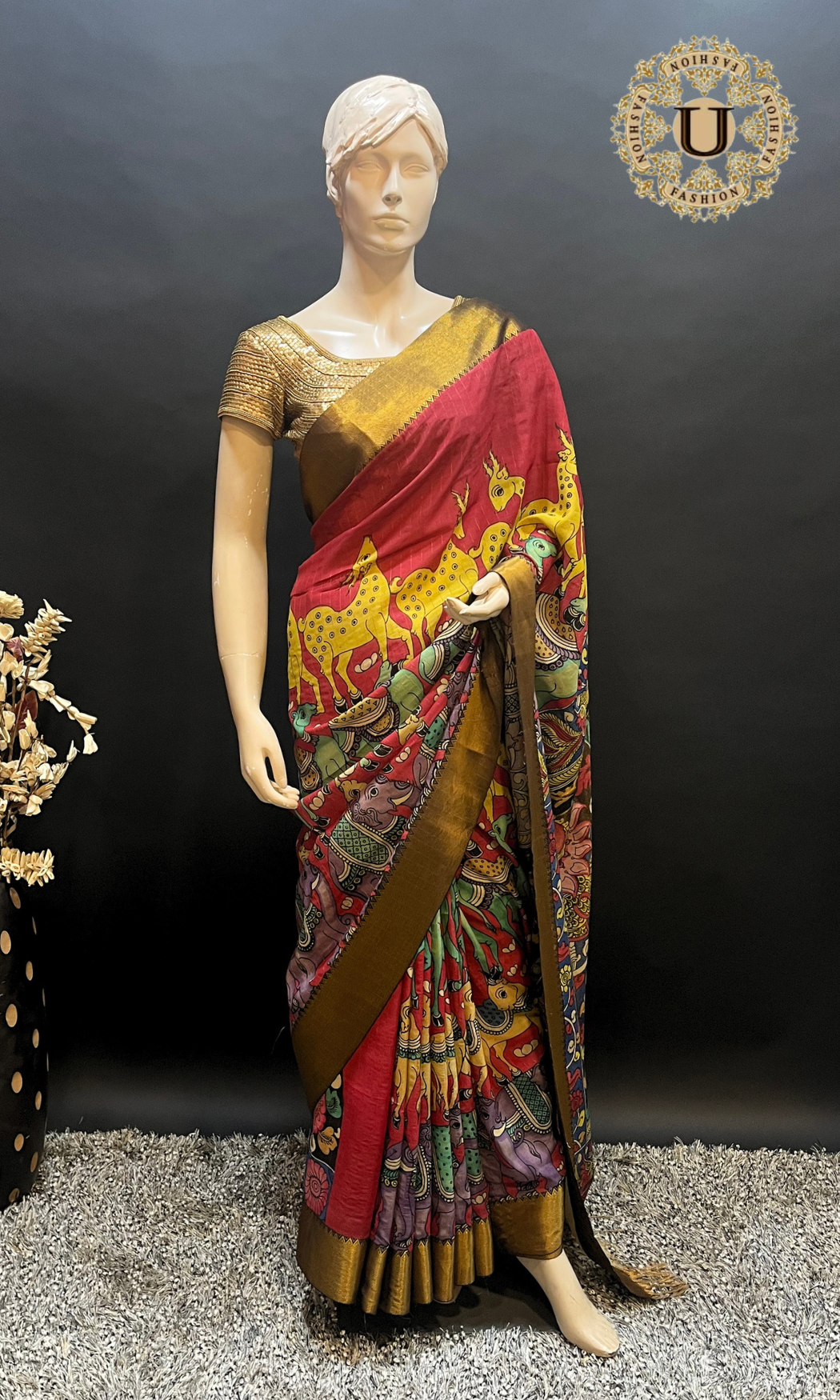Red pen Kalamkari Gold Border Silk Saree