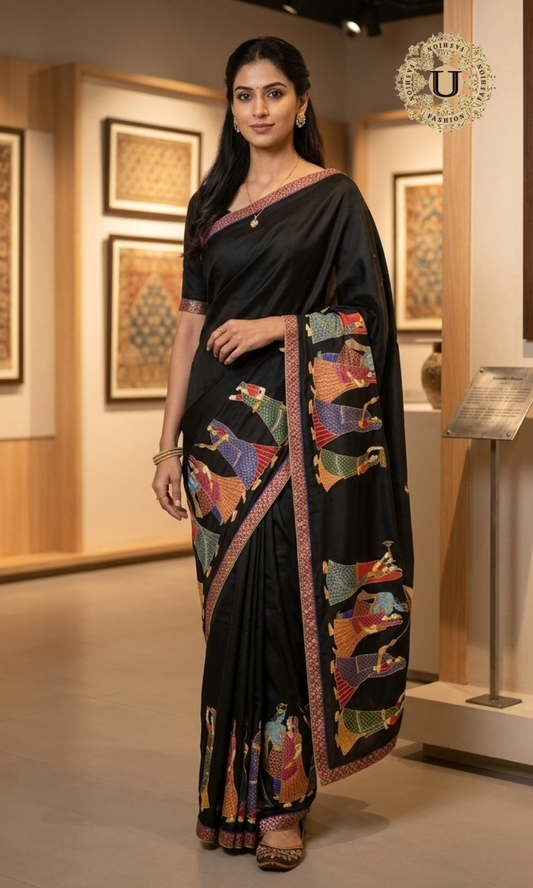 Black Silk Saree with Radha Krishna Applique & Hand Painted Art