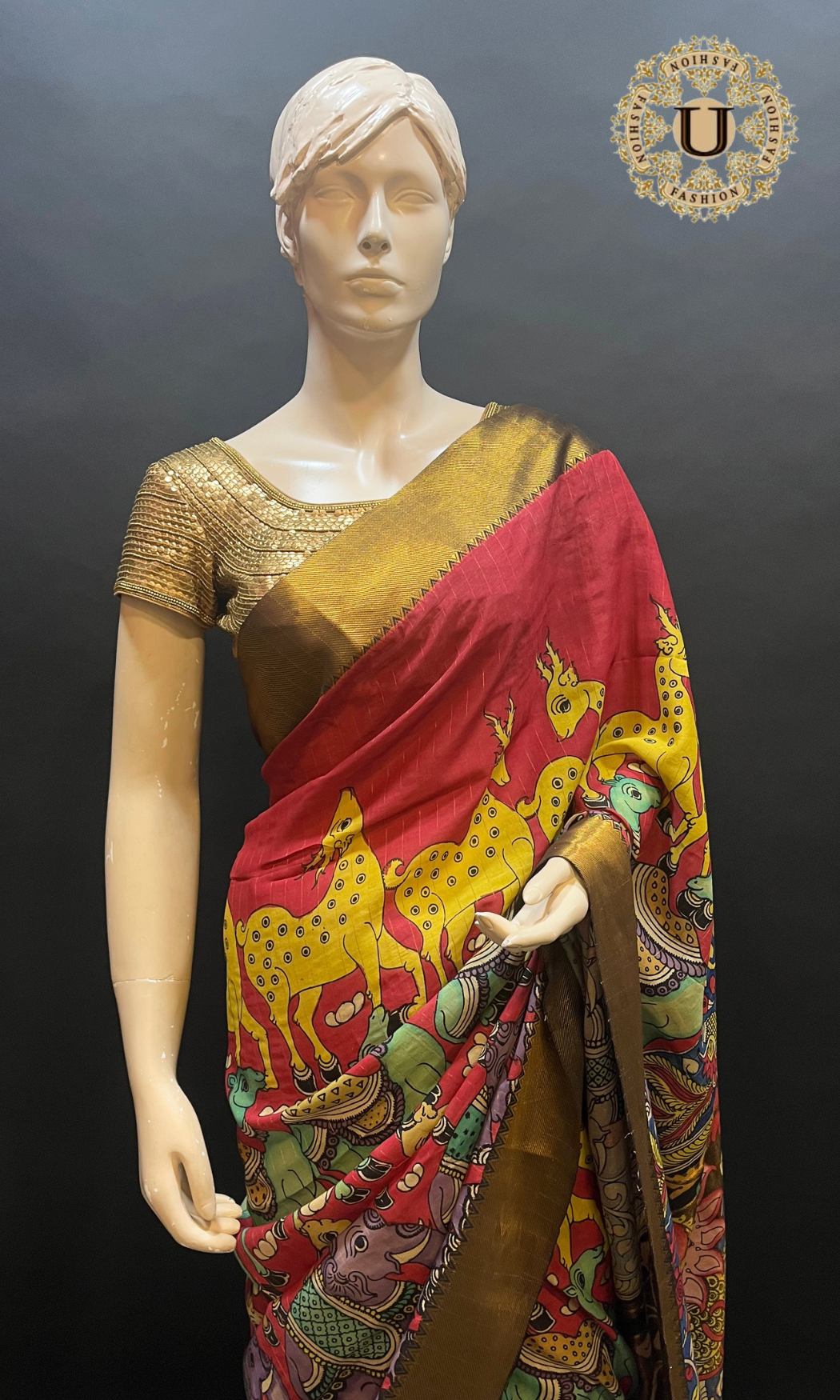 Red pen Kalamkari Gold Border Silk Saree