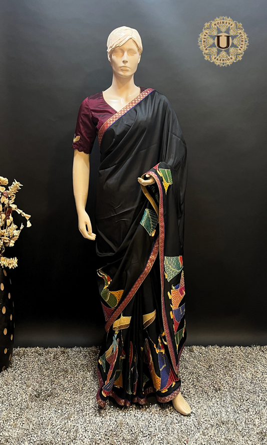 Black Silk Saree with Radha Krishna Applique & Hand Painted Art