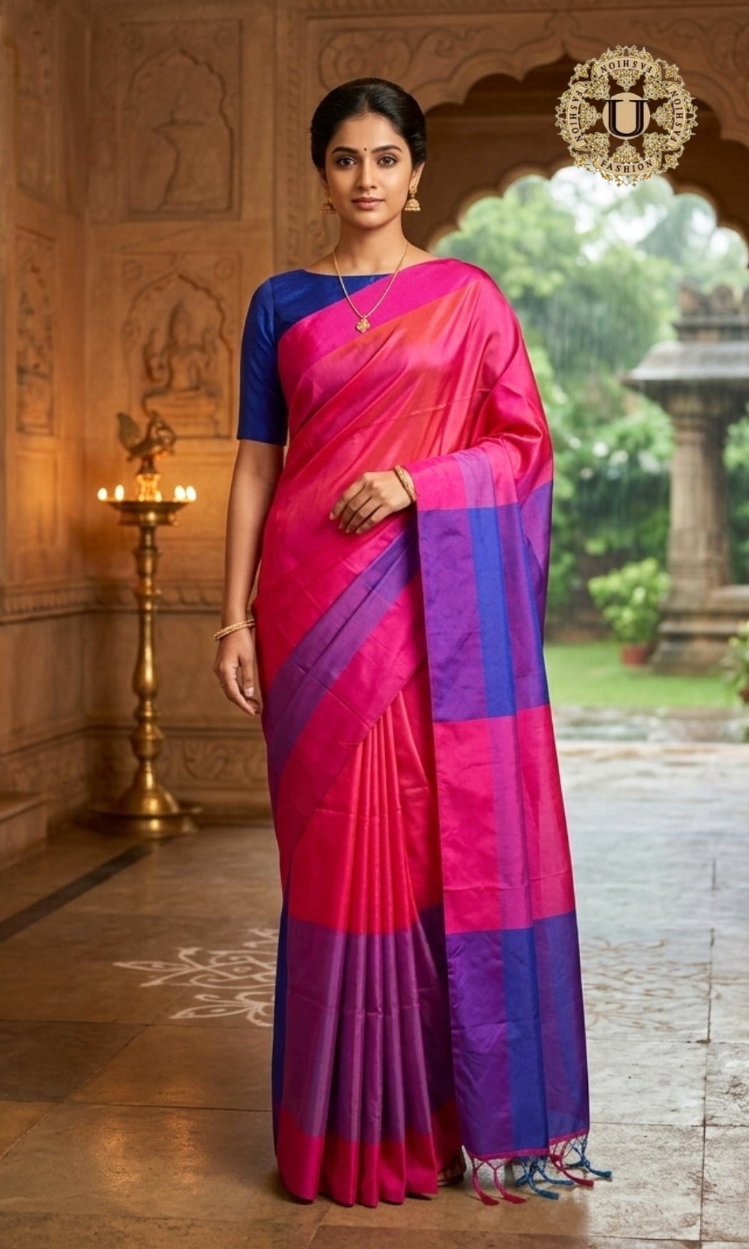 Bright Pink Multi Color Semi Silk Saree