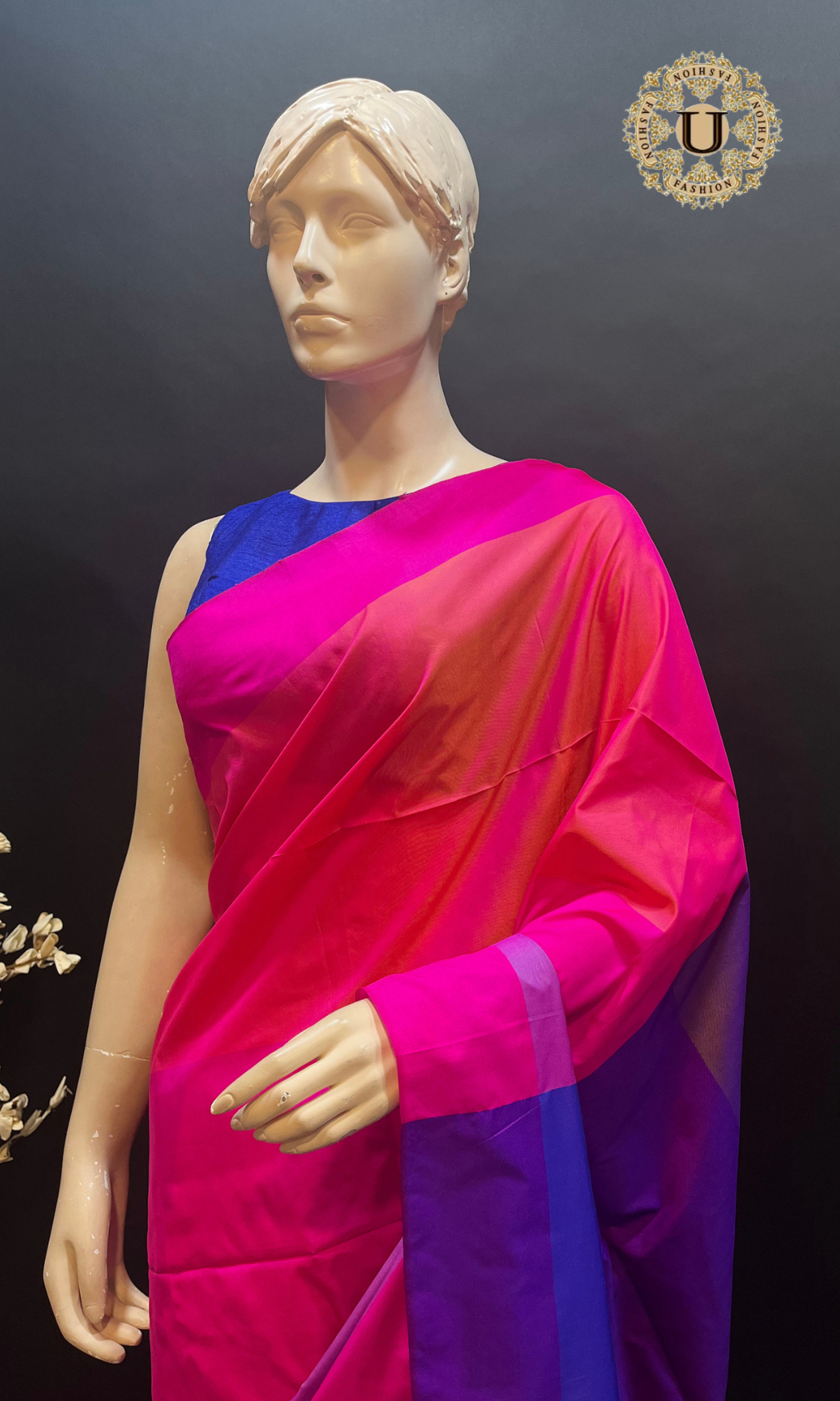 Bright Pink Multi Color Semi Silk Saree