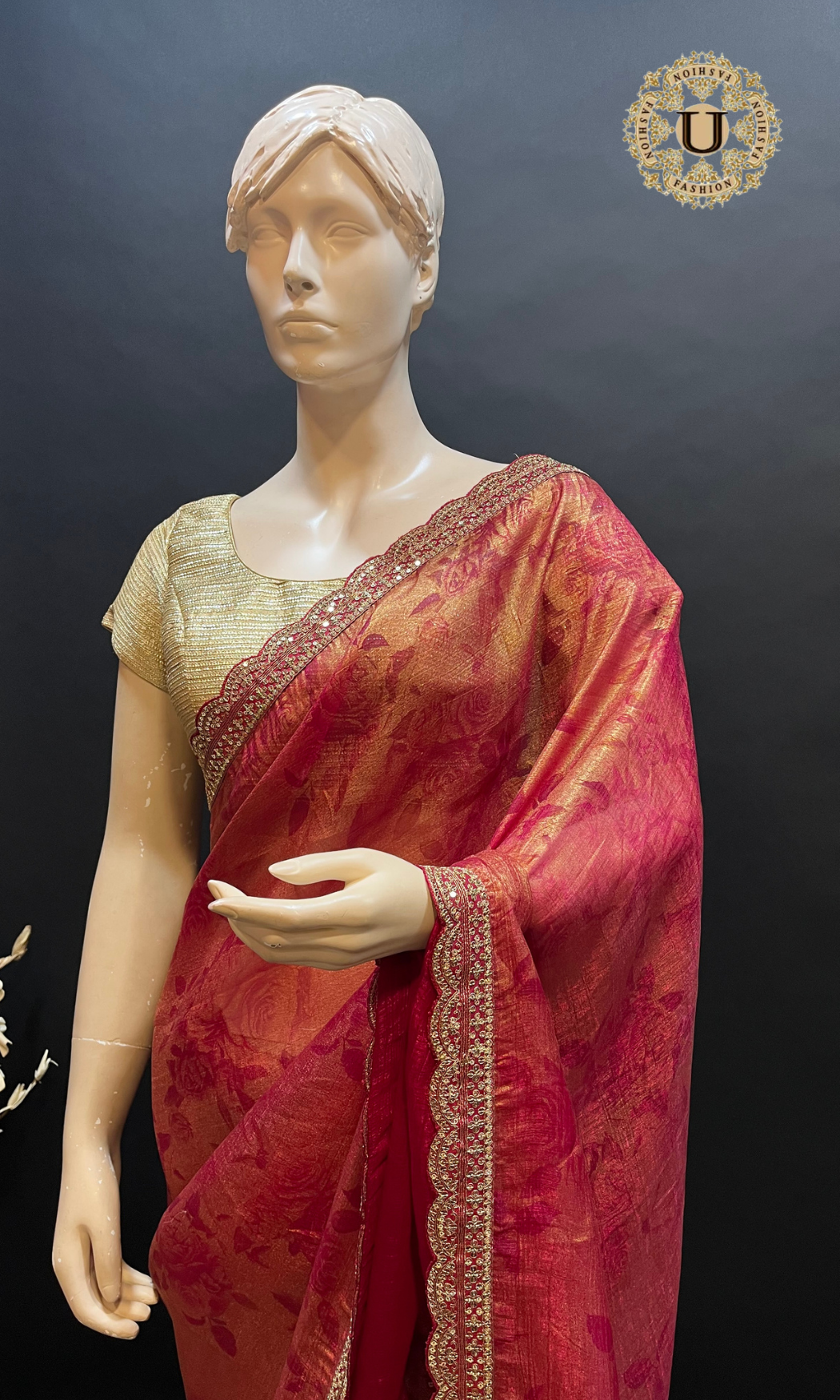 Red Saree with Gold Shimmer Border