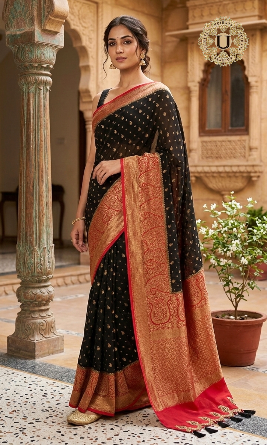 Black & Red Georgette Banaras Saree
