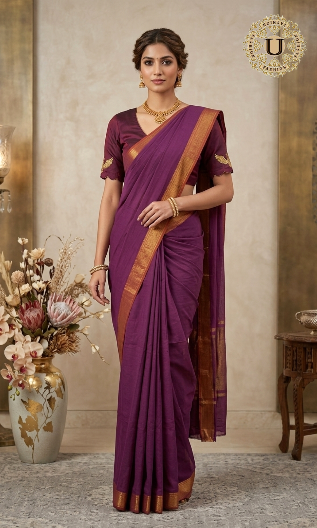 Mauve Mangalgiri Cotton with Gold Border Saree