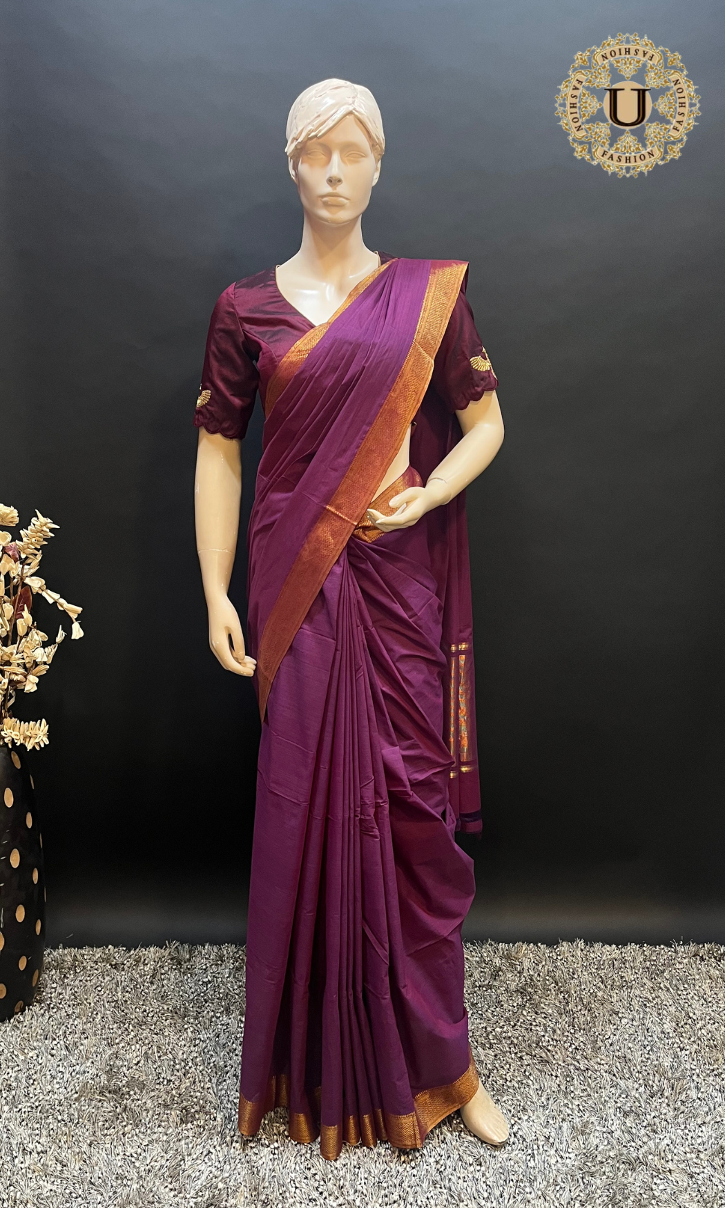 Mauve Mangalgiri Cotton with Gold Border Saree