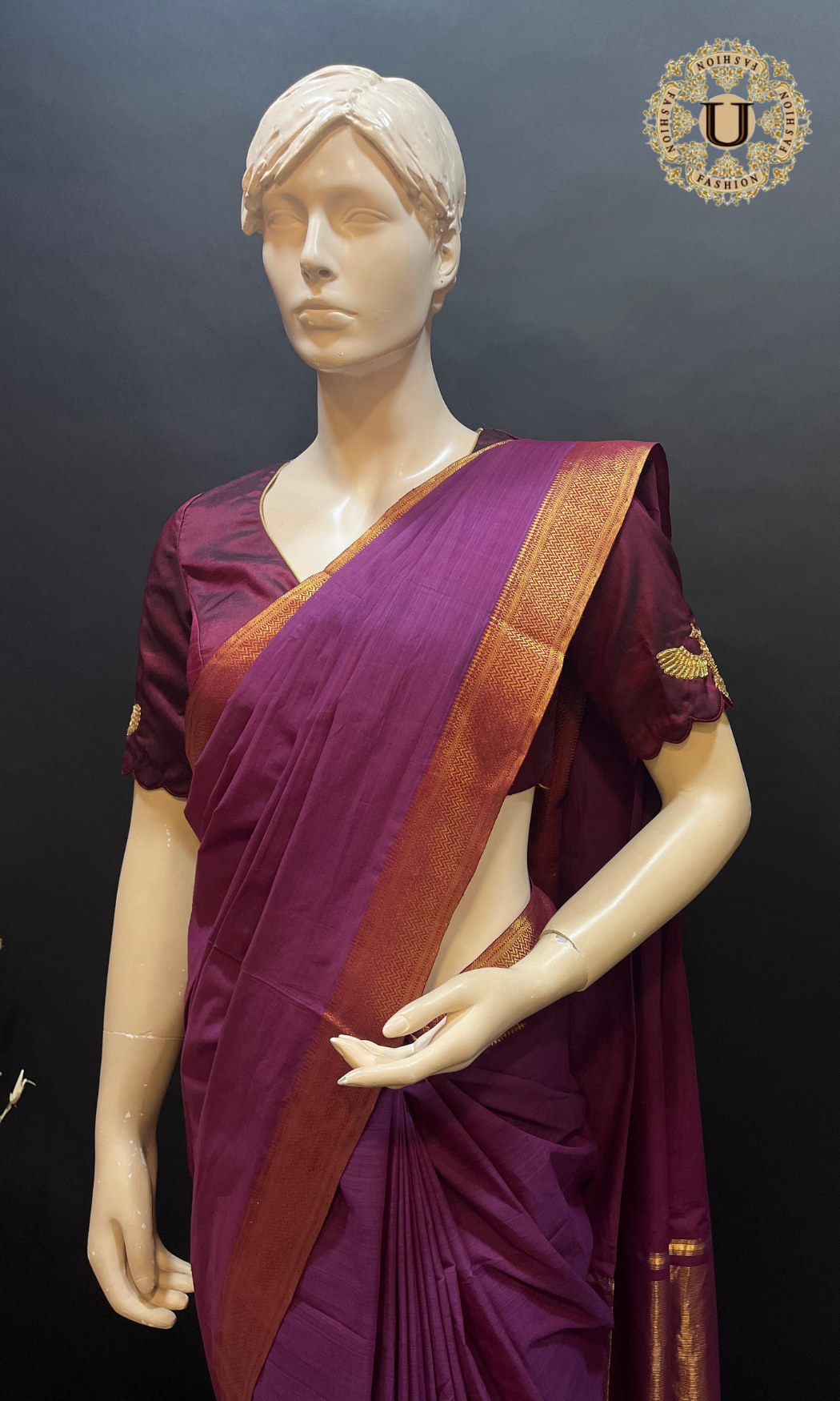 Mauve Mangalgiri Cotton with Gold Border Saree