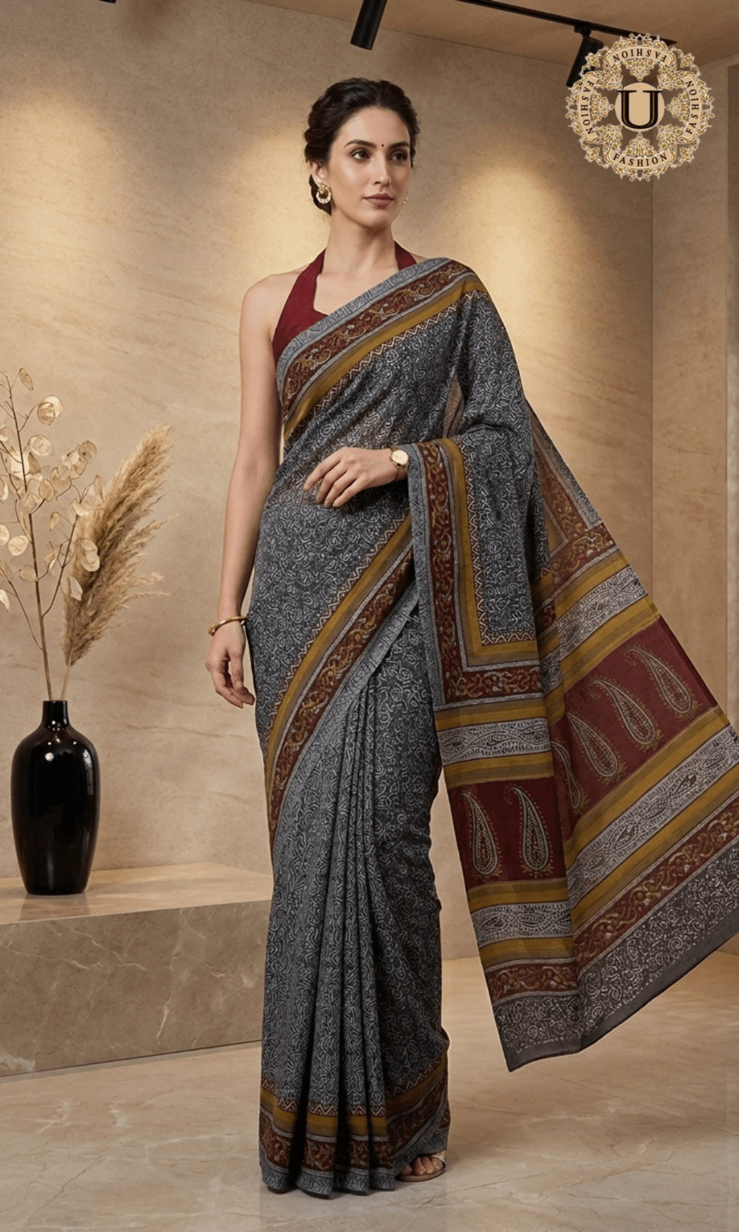 Grey Block Printed Crape Saree U fashion
