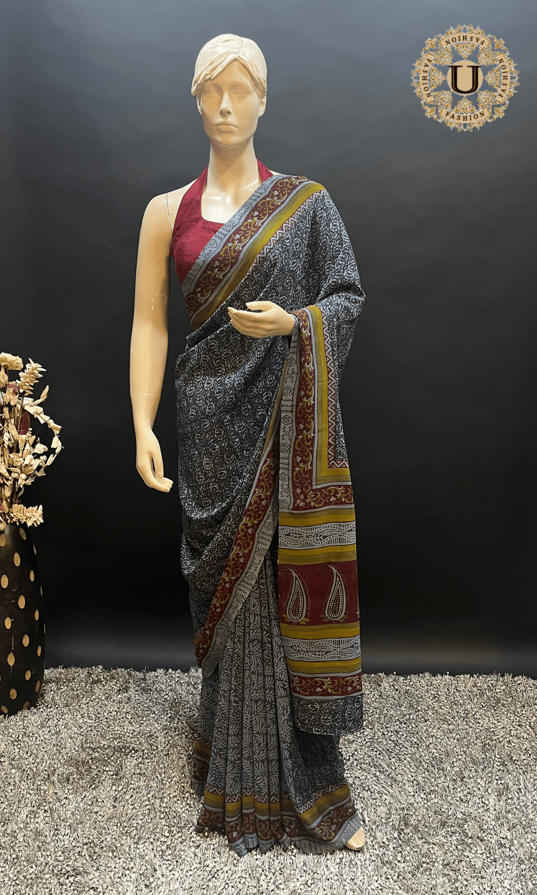 Grey Block Printed Crape Saree U fashion
