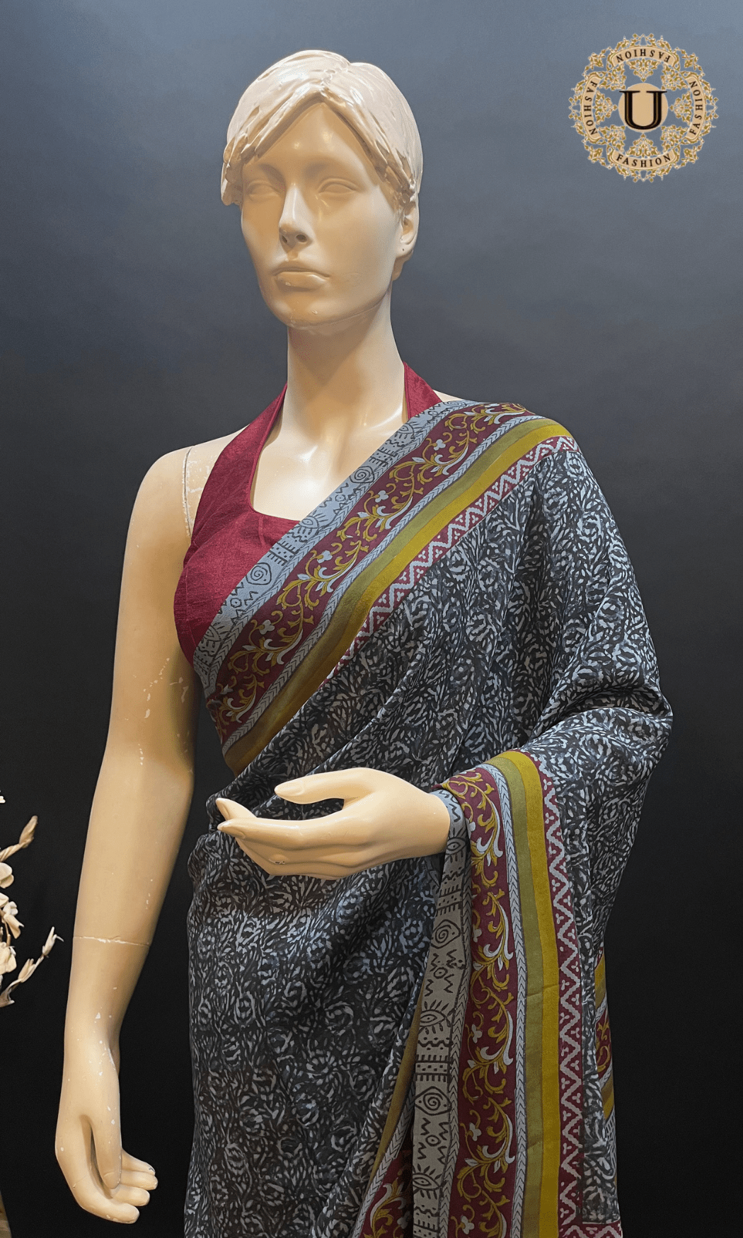Grey Block Printed Crape Saree U fashion