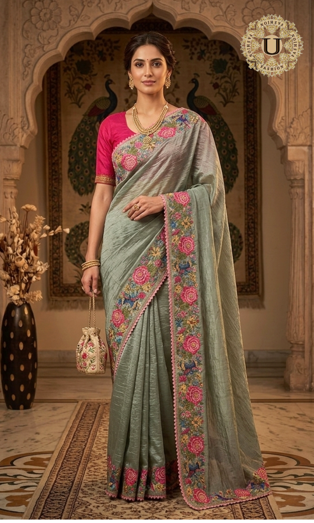Grey Glass Tissue Floral Embroidery Saree