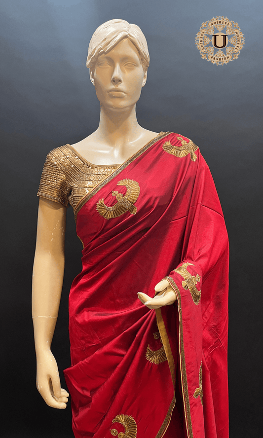 Oil Red Embroidered Pure Silk Saree U fashion