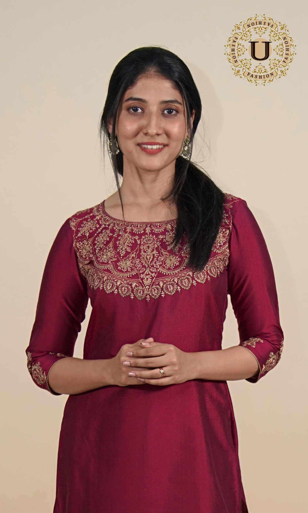 Burgandy Spun Zari yoke Long Kurti
