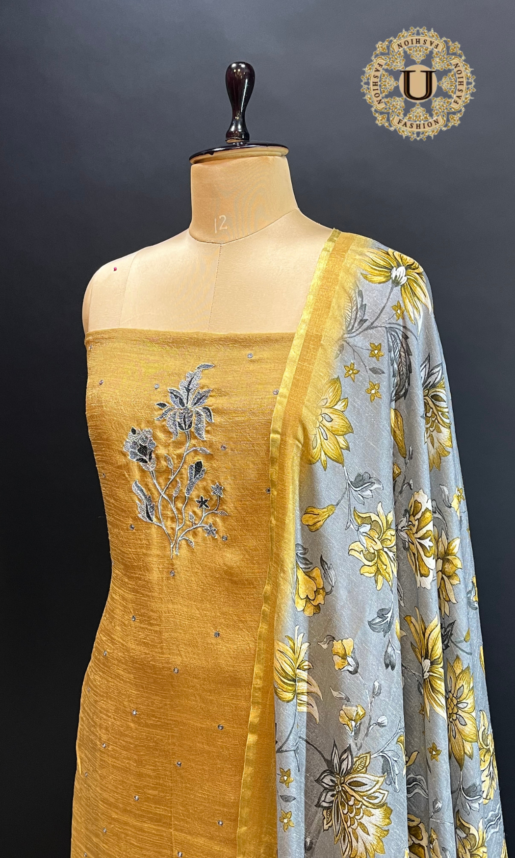 Musturd Yellow Soft Matka Silk Thread Work Yoke With Printed Dupatta