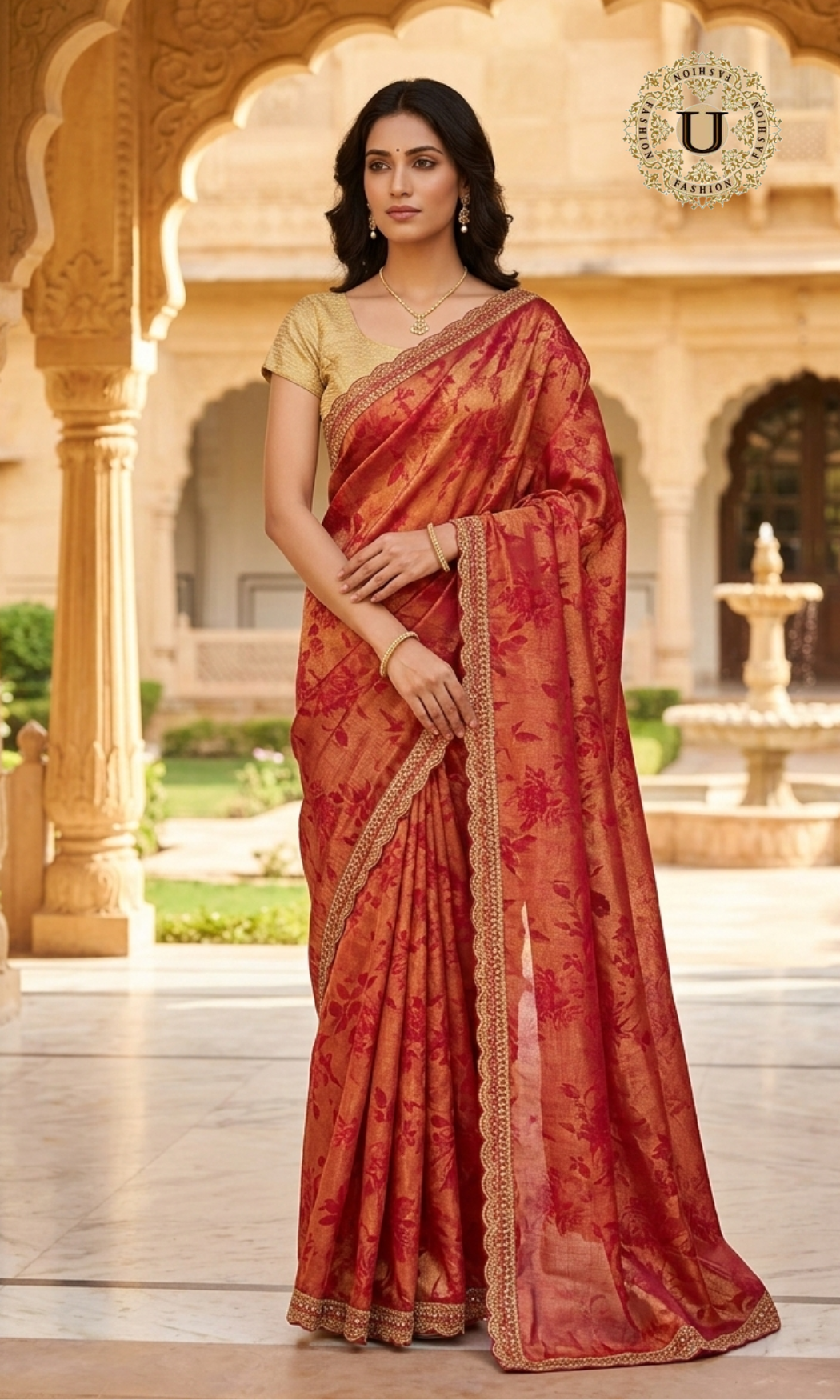 Red Saree with Gold Shimmer Border