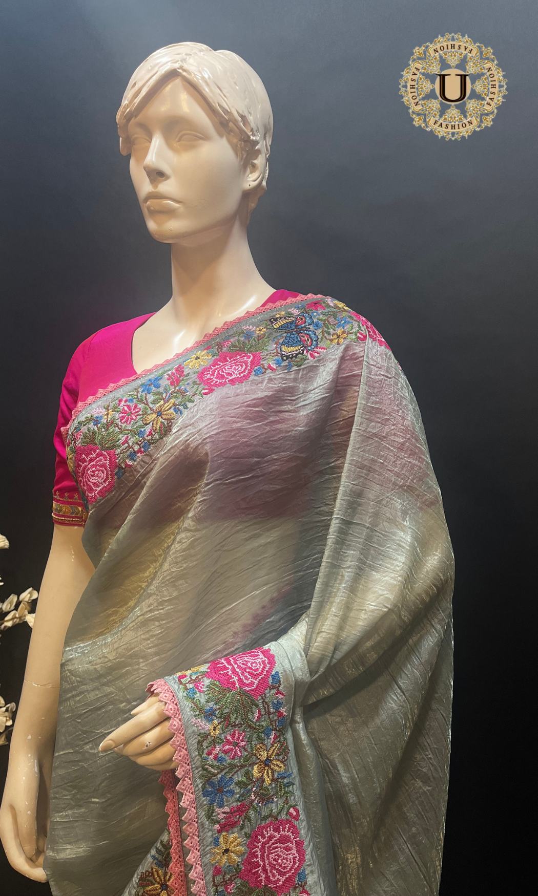 Grey Glass Tissue Floral Embroidery Saree
